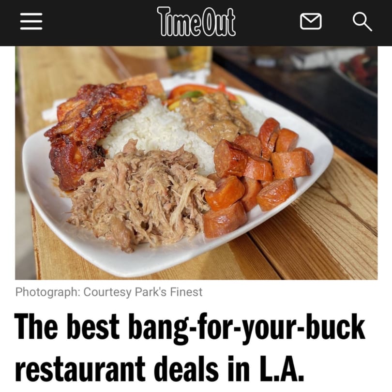 A white plate of Filipino food with rice, pulled pork, chicken adobo, and sliced sausage.