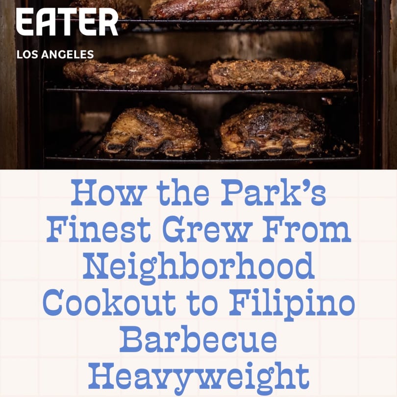 Filipino barbecue ribs and other meats cooking on racks inside a smoker at The Park's Finest.