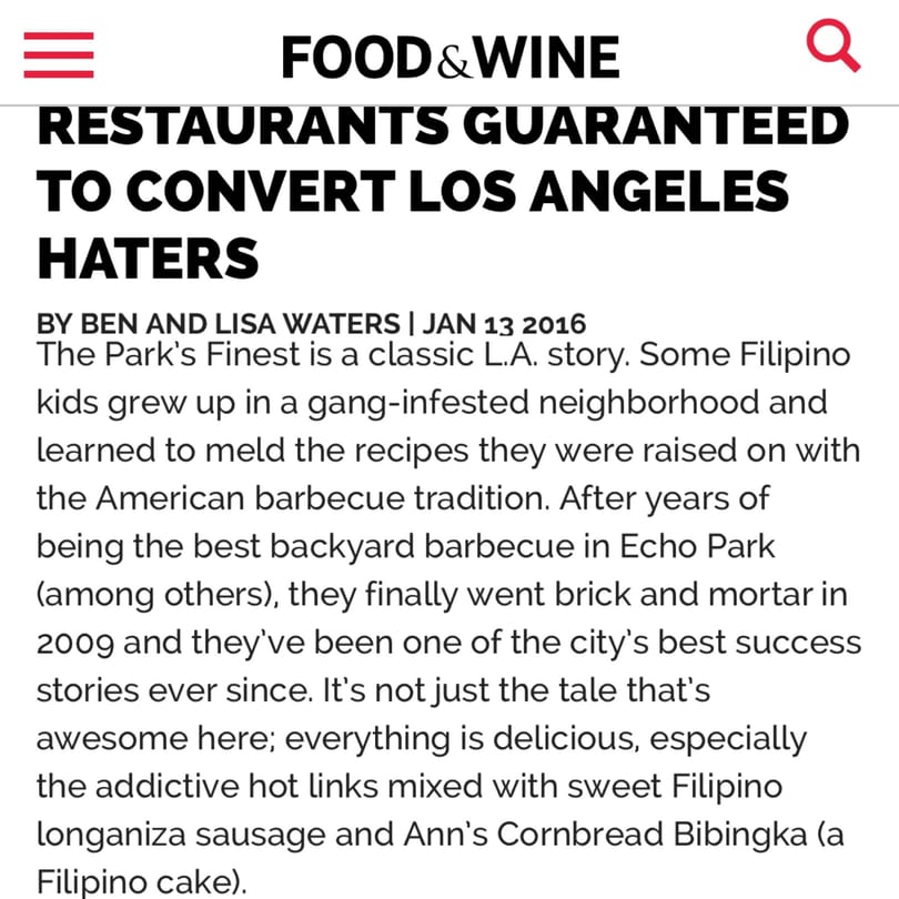 A Food & Wine article titled "Restaurants Guaranteed to Convert Los Angeles Haters" about The Park's Finest.