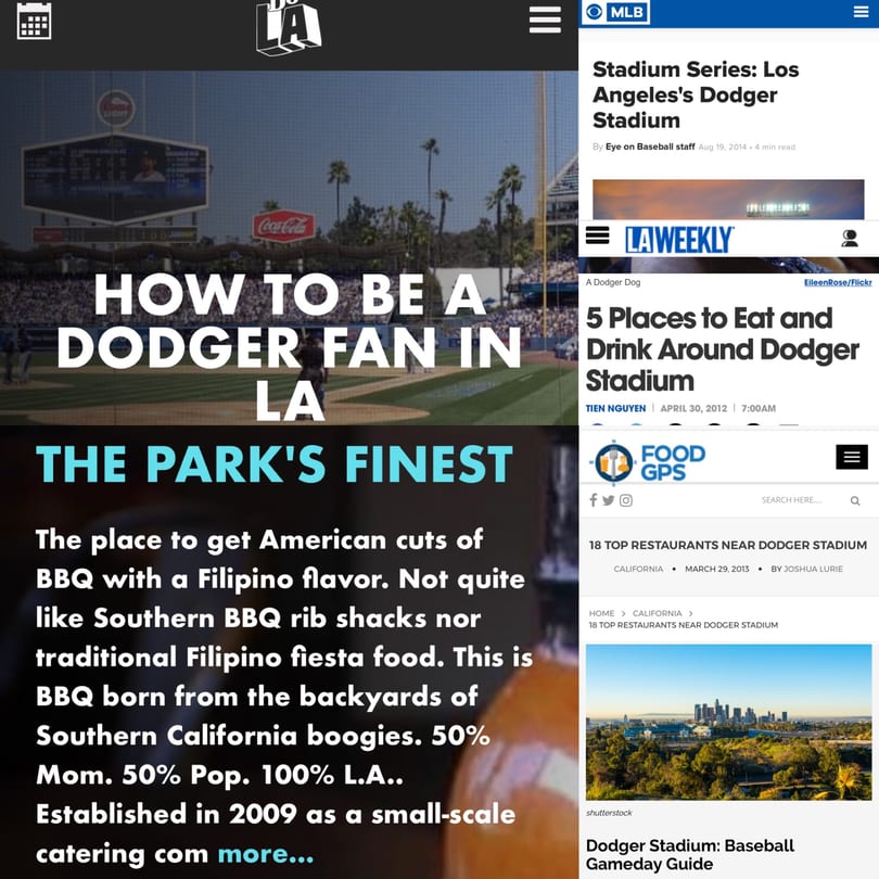 A website screenshot featuring an article about Dodger Stadium and The Park's Finest Filipino BBQ.