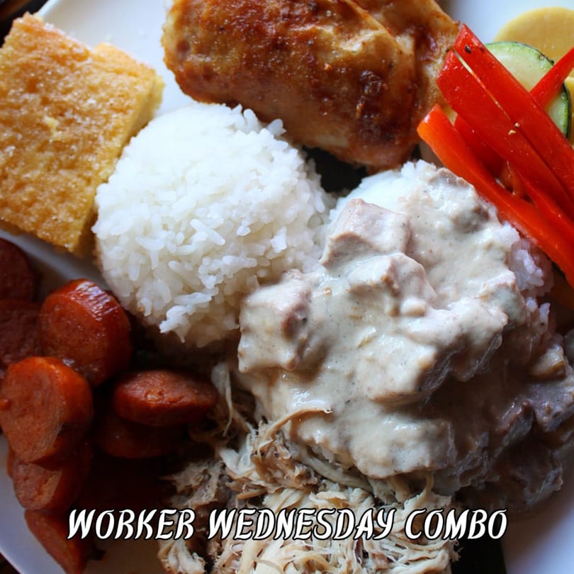 A plate with rice, chicken, sausage, pulled pork, red peppers, and cornbread.