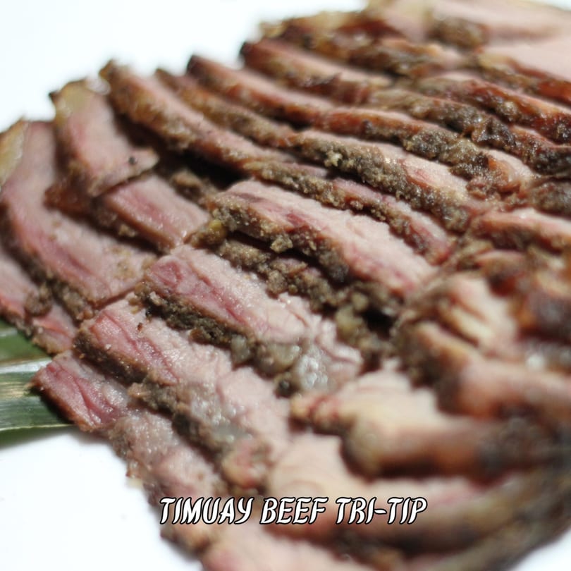 Thinly sliced, seasoned beef tri-tip arranged on a white plate with a green leaf garnish.